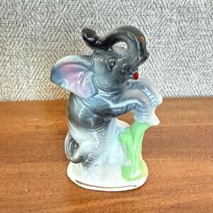 Vintage Japan Porcelain Elephant Figurine Trunk Up Good Luck Gray White 3.75"